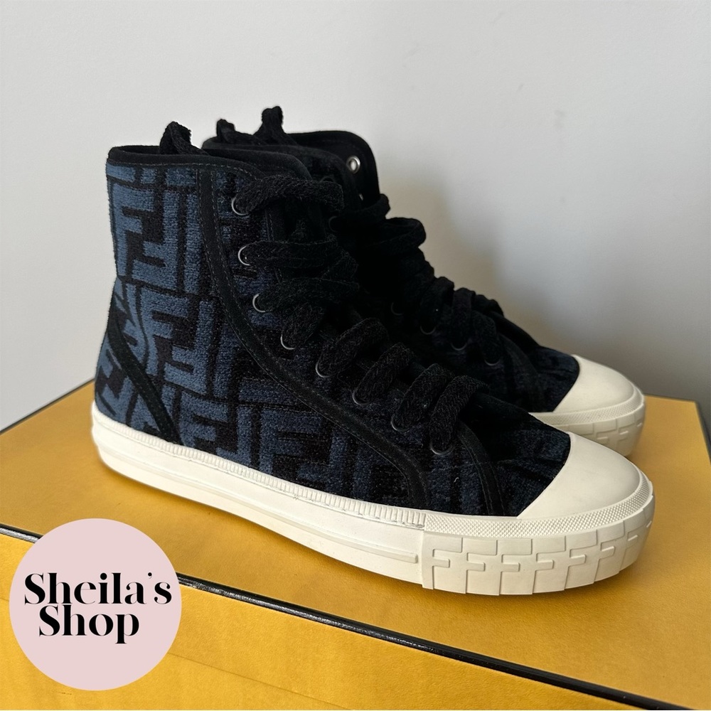 NIB Fendi FF Logo Domino Nero Blue High-Top Women’s Sneakers Size 36